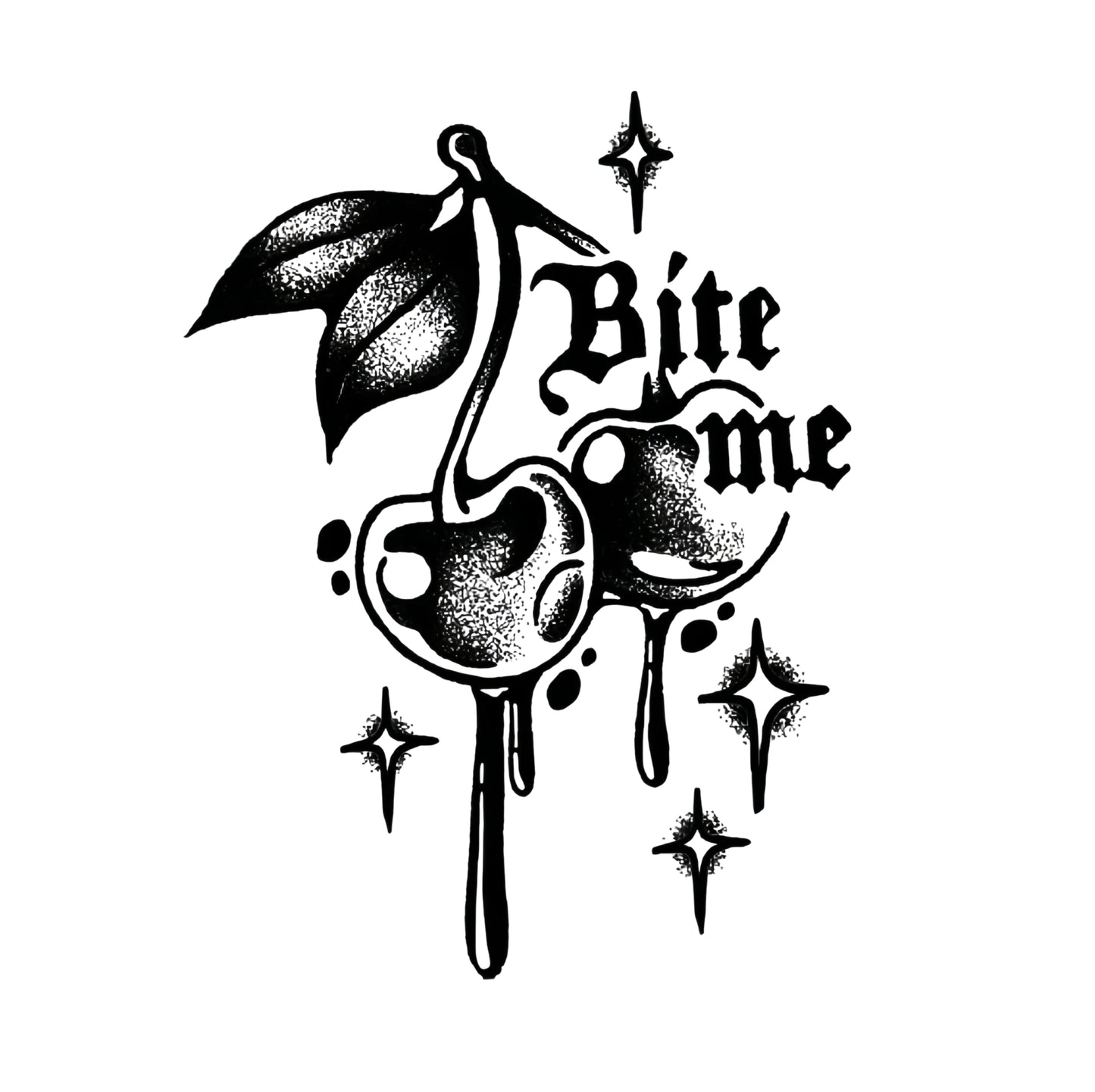 Temporary tattoo design of cherries with the words 'Bite me' and sparkling details.