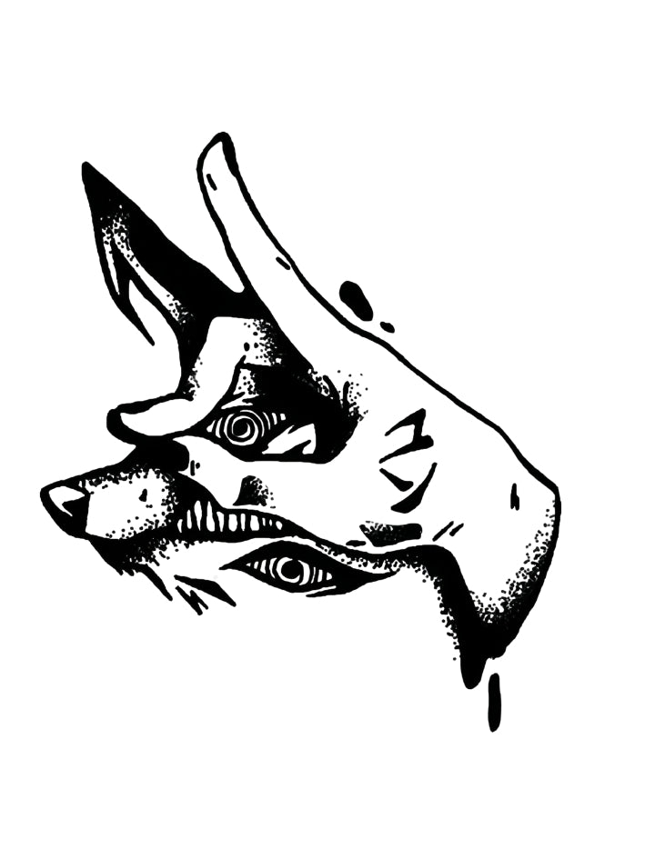Temporary tattoo design of a hand forming a wolf shape with eyes and intricate details.