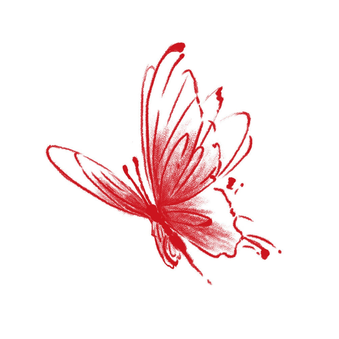 Temporary tattoo design of a red butterfly with splashes of color.