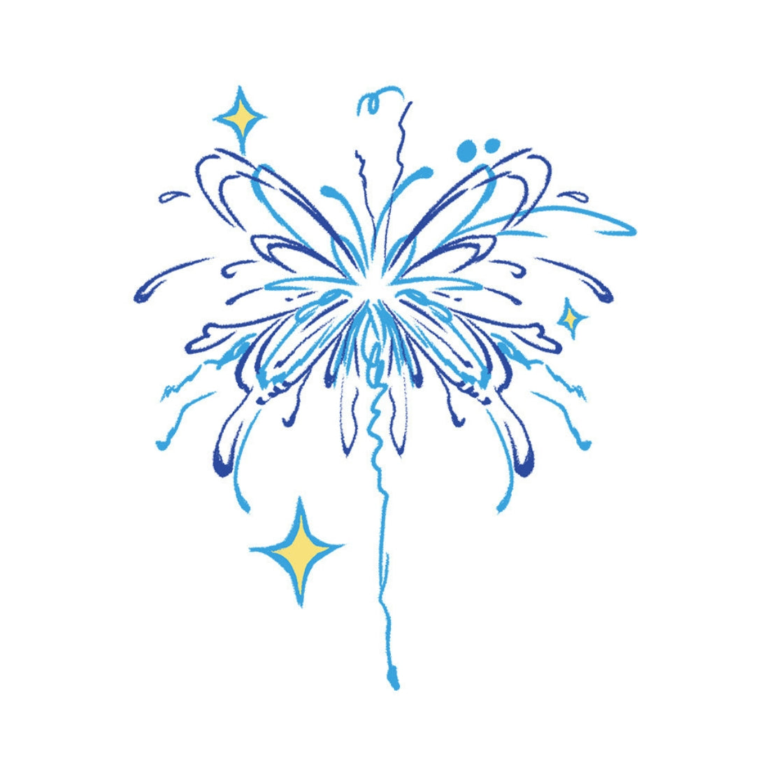 Temporary tattoo design of a blue and yellow sparkling flower with abstract lines.