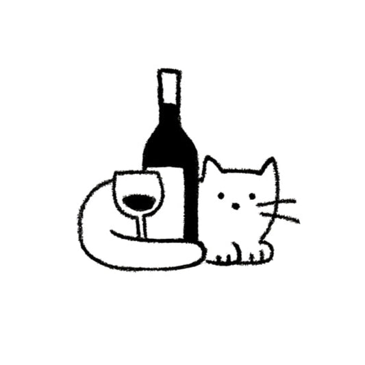 Temporary tattoo design of a cat with a wine bottle and glass