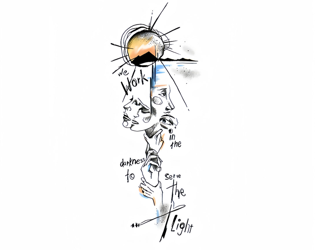 Temporary tattoo with 'We work in the darkness to serve the light' phrase.